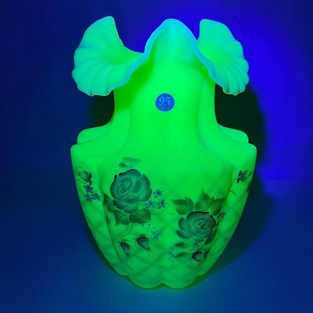 Large Fenton Burmese Custard Diamond Optic Vase 9.5" Uranium Signed D Fredrick